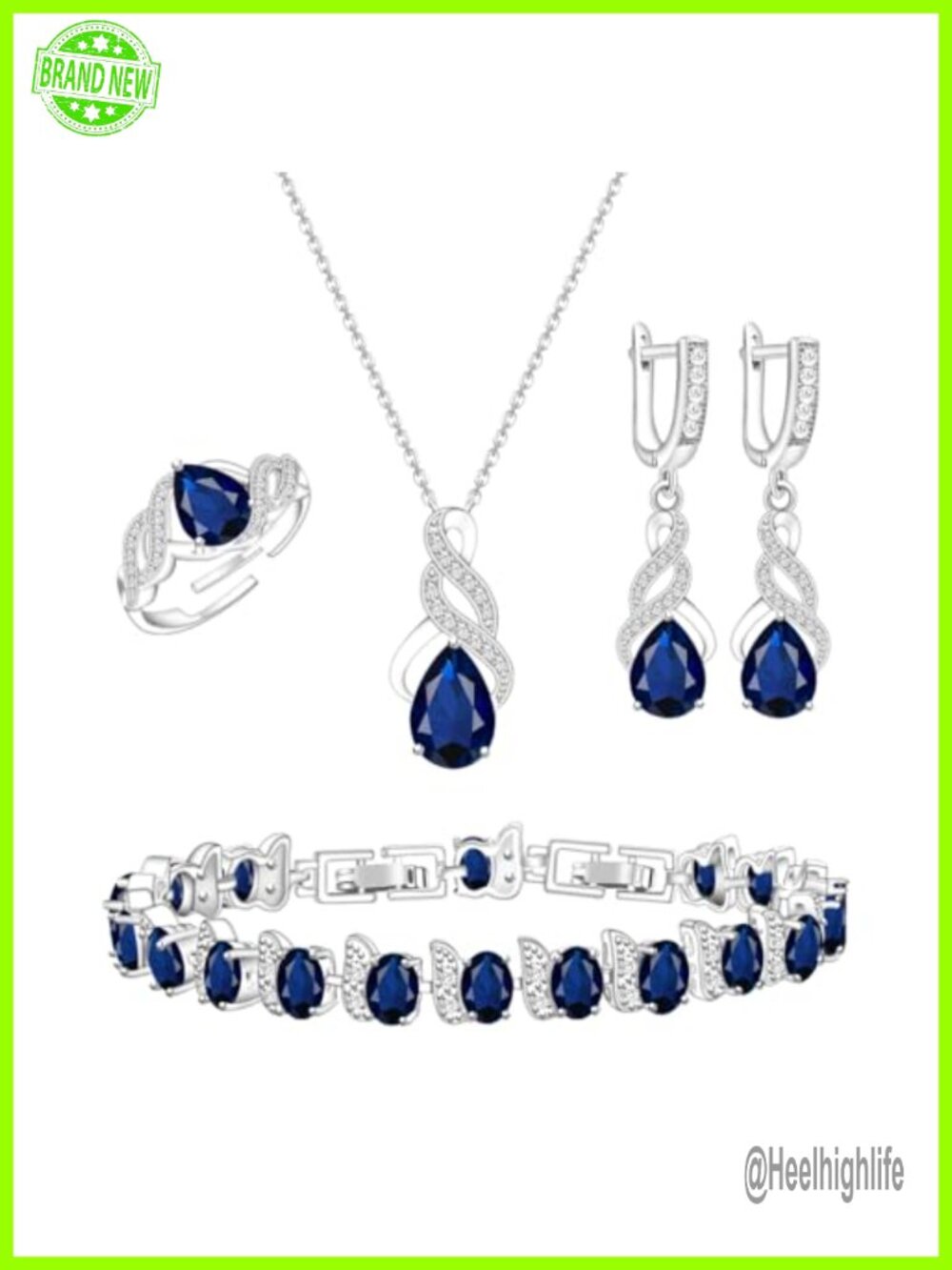 White Gold Plated Teardrop Cubic Zirconia Jewelry Set Necklace Earrings Ring